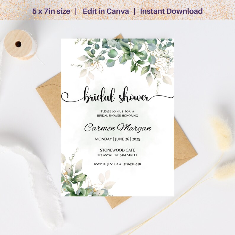 May include: A printable bridal shower invitation with a watercolor background featuring green leaves and white flowers. The text reads "bridal shower", "Please join us for a bridal shower honoring Carmen Margan", "Monday | June 26 | 2025", "Stonewood Cafe", "123 Anywhere 5464 Street", and "RSVP to Jessica at 32765926598".