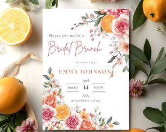 Citrus Bridal Brunch Invitation, Lemon Bridal Shower, Bright Floral Citrus Bridal Shower Invitation, Mediterranean Lemon Theme, Orange Lemon