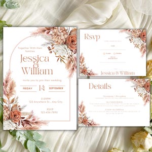 Minimalist Boho Wedding Invitation Suite Template, Editable Terracotta Floral Wedding Invite, Garden Burnt Orange, Fall Autumn Invitation