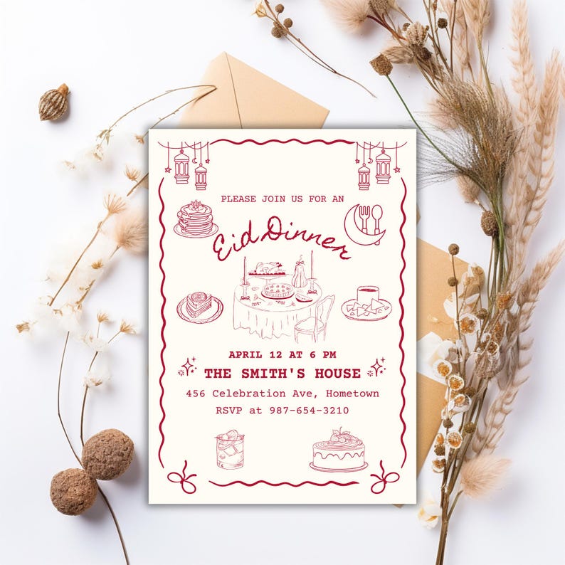 Invitación de Eid Mubarak / Invitación de Iftar / Cena de Eid / Invitación musulmana / Invitación virtual / Arte islámico / Ramadán / Eid Al Adha Fitr imagen 1