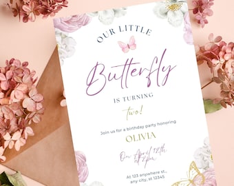 Editable Butterfly Birthday Invitation, 1st Birthday Invite, First Birthday Invitation, Birthday Girl, Girl Butterfly Garden spring Party