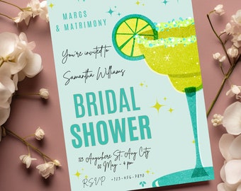Margaritas y matrimonio / Margs & Matrimony Invitación a la despedida de soltera / Fin de semana de Bach / Plantilla de invitación de despedida de soltera Cócteles verdes
