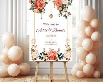 Plantilla de letrero de bienvenida con flores silvestres, letrero de bienvenida floral para bodas, póster para fiestas en el jardín, letrero de bienvenida para despedidas de soltera, tema Royale editable en Canva