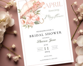 Blush Pink Umbrella Bridal Shower Invite Template, Wildflower Bridal Shower Invitation, floral wedding shower, Monsoon Wedding Bridal shower