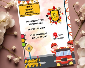 Fire Truck Birthday Invitation, Emergency Theme (Digital Download)