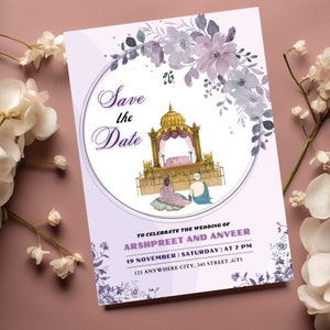 Modelo de convite de casamento indiano, convites Anand Karaj, convites Punjabi, cartão de casamento Punjabi, convite Sikh, salve a data