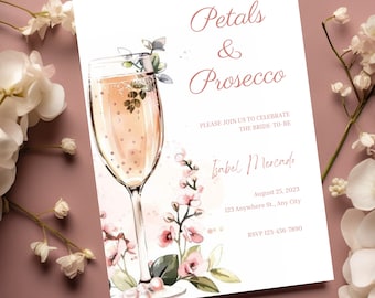 Pearl and Prosecco Bridal Shower Invitation Template, Brunch and Bubbly Champagne Brunch Minimalist Petal and Prosecco Wedding Shower Invite
