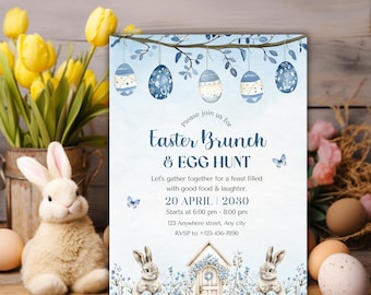 Ostereiersuche Einladung, Osterbrunch einladen, Hop on Over Ostereiersuche einladen, bearbeitbare Frohe Ostern Einladung, Instant Download
