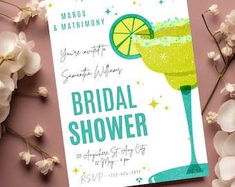 Margaritas y matrimonio / Margs & Matrimony Invitación a la despedida de soltera / Fin de semana de Bach / Plantilla de invitación de despedida de soltera Cócteles verdes