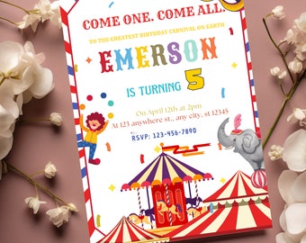 Editable Carnival Birthday Invitation Template, Circus Birthday Invitation, Carnival Invitation, Carnival Circus Kids Party Invite