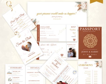 May include: A passport-themed wedding invitation suite with a rustic, bohemian aesthetic. The invitation features a brown background with a gold mandala design and the text "Passport Wedding Invitation". The save the date card features a heart-shaped cutout with a photo of a couple. The RSVP card features a floral design with the text "Jenny & Harry".
