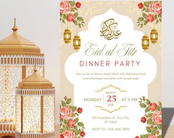 May include: An Eid al-Fitr dinner party invitation with floral accents and gold lanterns. The invitation features the text "Eid al-Fitr Dinner Party" and event details for March 25, 2026, at 5 PM.