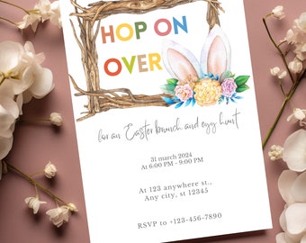 Ostereiersuche Einladung, Osterbrunch einladen, Hop on Over Ostereiersuche einladen, bearbeitbare Frohe Ostern Einladung, Instant Download