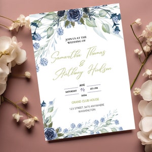 Dusty Blue OCEAN Wedding Invitation, Editable Navy Wedding invite Template,  Floral Boho Wedding Invite, Elegant Garden Printable Download