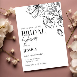 Minimalist BRIDAL SHOWER INVITATION template, Black and white Bridal shower invite , Floral bridal shower invitation, Simple Elegant Invite