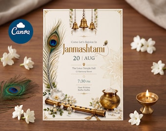 Janmashtami Invitation Template | Krishna Festival Invite | Krishna Birthday Invitation | Peacock Flute Digital Invitation