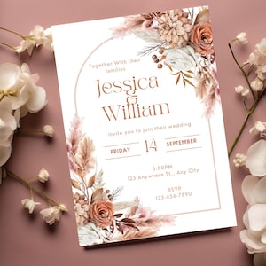 Minimalistische Boho Hochzeitseinladungsvorlage, bearbeitbar Terrakotta Blumenhochzeit einladen, Garten Gebrannte Orange, Herbst Herbsteinladung