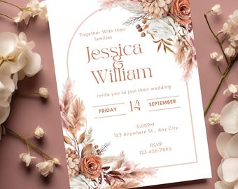 Minimalist Boho Wedding Invitation Template, Editable Terracotta Floral Wedding Invite, Garden Burnt Orange, Fall Autumn Invitation
