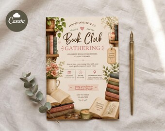 Book Club Invitation | Editable Book Club Party Invite | Reading Group Gathering | Canva Template | Digital Download