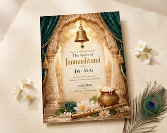 Janmashtami Invitation Template | Krishna Festival Invite | Krishna Birthday Invitation | Peacock Flute Digital Invitation