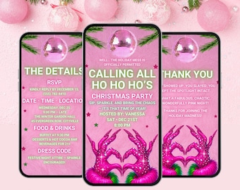 May include: Digital animated Christmas party invitation on a pink background. The invitation features three smartphone screens with disco ball accents and festive text. The invitation includes details for the event, including date, time, location, and dress code.