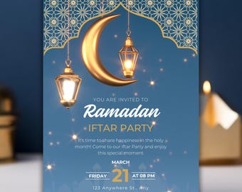 Op de afbeelding: Een blauwe uitnodigingskaart met een gouden halve maan en lantaarns die aan een decoratieve boog hangen. De tekst luidt "U bent uitgenodigd voor de Ramadan Iftar Party". De datum en tijd zijn aangegeven als "21 maart, om 20:00 uur".