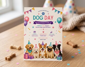 Dog Lover Celebration Invitation | Dog Day Party Invite | National Dog Day Celebration | Editable 5x7 Canva Template