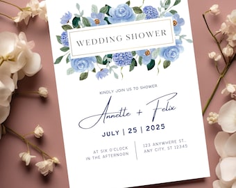 Dusty Blue Bridal Shower Invitation Template. Blue Floral couple Shower Invite Editable Invitation Watercolor Bridal Brunch Wildflower