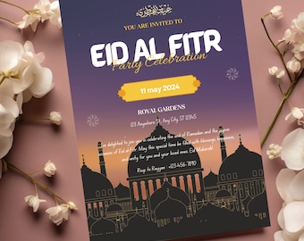 May include: An invitation to an Eid al-Fitr party celebration on May 11, 2024, at Royal Gardens. The invitation features a silhouette of a city skyline with mosques and a purple and orange gradient background.