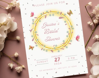 Plantilla de invitación para despedida de soltera con mariposas y flores silvestres (editable e imprimible)