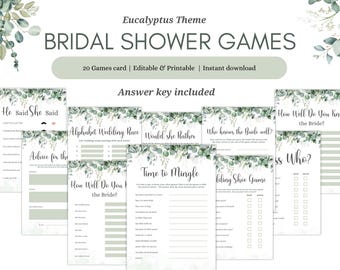 Eucalyptus Bridal Shower Games, Greenery Wedding Shower Games, Editable Bridal Party Games,  Botanical Bride Groom Printable  Games