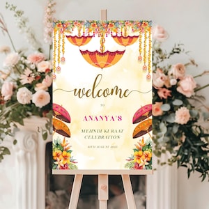 Cartello di benvenuto Mehndi Ki Raat, Cartelli di benvenuto Mehndi, Tema ombrello floreale, Cartello di benvenuto matrimonio indiano, Decorazioni matrimonio indiano, Cartello evento Desi