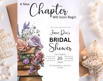 Book Themed Bridal Shower Invitation | A New Chapter Wedding Shower Invite | Storybook Bridal Party | Library Theme | Editable Template