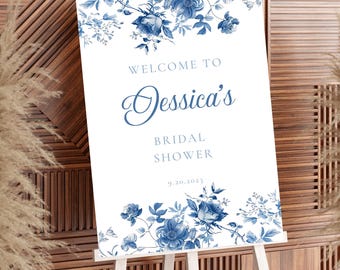 Bridal Shower Welcome Sign Blue Flowers, Toile Chinoiserie French Theme, Elegant Digital Download, Editable Printable, Something Blue Sign