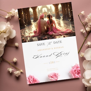 Modelo de convite de casamento indiano, convites Anand Karaj, cartão de convite de casamento Punjabi, convite Sikh, modelo Save the Date apenas