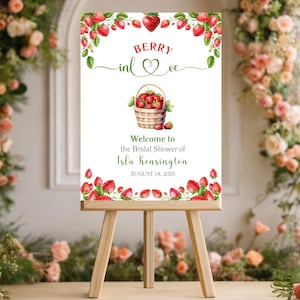 Berry In Love Bridal Shower Welcome Sign, Strawberry Theme Editable Canva Template, Printable Bridal Shower Poster, Instant Download