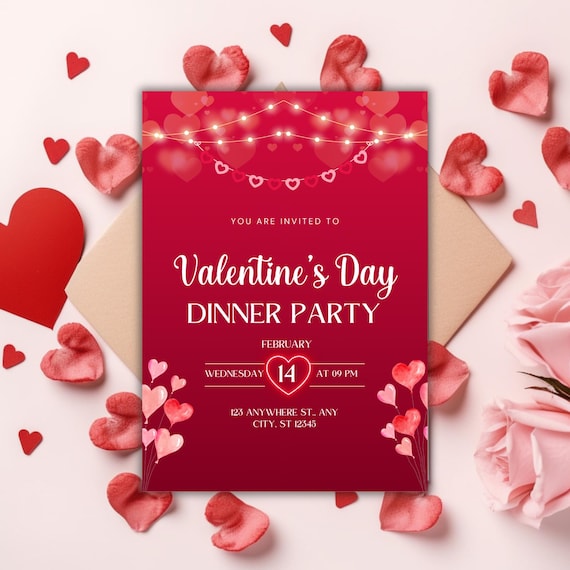 Valentine's Day Party Invitation with Tag Template, Valentines Brunch party Invite, Valentines Heart Dinner Party Card,  Editable