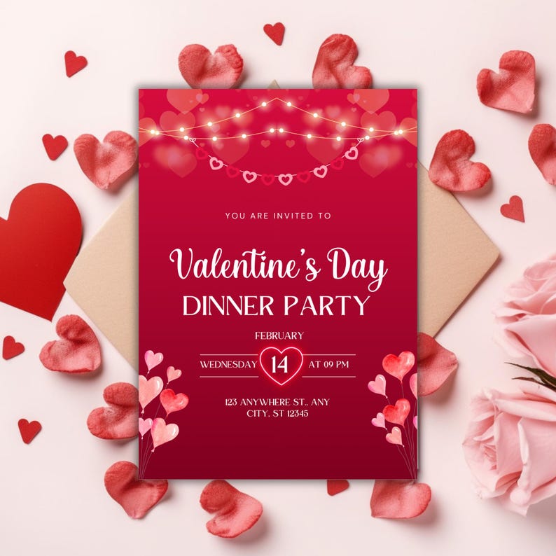 May include: A red Valentine's Day dinner party invitation with a string of lights and hearts. The invitation says "You are invited to Valentine's Day Dinner Party" with the date and time: "February 14, Wednesday at 09 PM". The address is "123 Anywhere St. Any City, ST 12345".