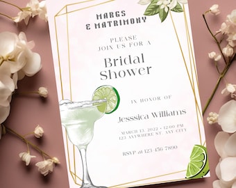 Könnte beinhalten: Eine rosafarbene und goldene Einladung zur Brautparty mit einer Margarita-Illustration und dem Text "MARGS & MATRIMONY", "PLEASE JOIN US FOR A BRIDAL SHOWER", "IN HONOR OF Jessica Williams", "MARCH 13, 2022 - 12:00 PM", "123 ANYWHERE ST. ANY CITY" und "RSVP at 123-456-7890".