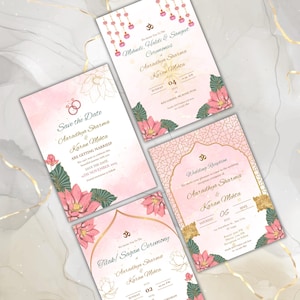 Sjabloonsuite Indiase huwelijksuitnodiging, bewerkbare hindoe-ceremoniekaarten, roze lotus Save the Date + Haldi + Sangeet + Tilak + receptie