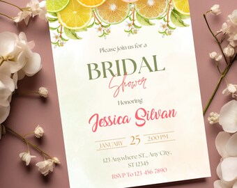 Citrus Bridal Shower Invitation, Lemon Theme, Floral Design (Digital Download)