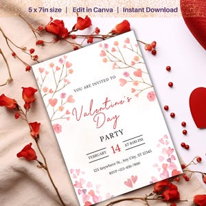May include: A printable Valentine's Day party invitation with a watercolor design of pink hearts and flowers. The invitation reads "You are invited to Valentine's Day Party February 14 at 8:00 PM 123 Anywhere St., Any City, ST 12345 RSVP +123-456-7890".