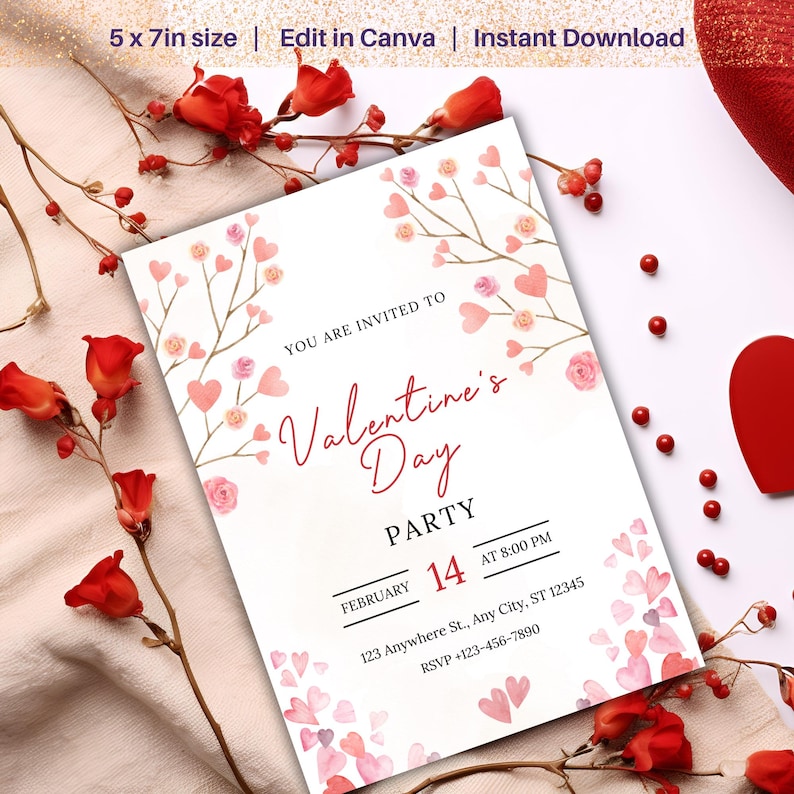 May include: A printable Valentine's Day party invitation with a watercolor design of pink hearts and flowers. The invitation reads "You are invited to Valentine's Day Party February 14 at 8:00 PM 123 Anywhere St., Any City, ST 12345 RSVP +123-456-7890".