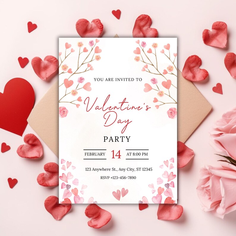 May include: A Valentine's Day party invitation with a pink and white floral design. The invitation says "You are invited to Valentine's Day Party" with the date "February 14" and time "at 8:00 PM". The invitation also includes an address and RSVP information.