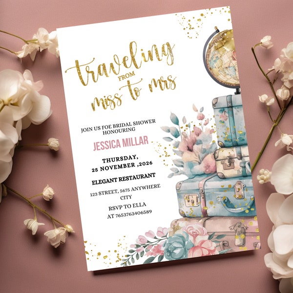 Traveling From Miss to Mrs Bridal Shower Invitation Travel Bridal Shower Invite Travel Invitation, Travel Theme Wedding Template Download