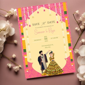Cartão de convite de casamento indiano, convite de casamento Punjabi, convite indiano para salvar a data, convite Haldi Mayon Baraat Dholki, casamento sikh
