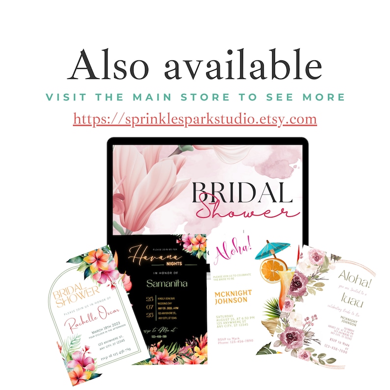 May include: Four different bridal shower invitation designs. The designs feature floral patterns, tropical themes, and a black and gold design with the text "Havana Nights" and "In Honor of Samantha".