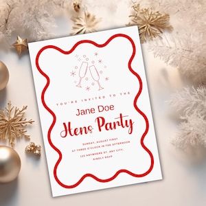 Hens Party Invitation Template,  Bridal Shower Party Bachelorette Invitation, Modern Hand drawn Wavy Border Invitation Digital Download
