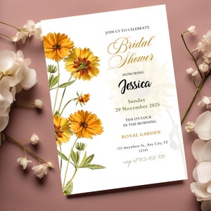 Téléchargement d&#39;invitation de douche nuptiale de tournesol, modèle d&#39;Invitation de douche de mariage rustique, invitation de douche nuptiale de fleurs sauvages de pays