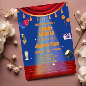 May include: A blue and red invitation for a bridal shower honouring Juliana Silva. The invitation features a movie theatre theme with red velvet curtains, a spotlight, and a row of red theatre seats. The text on the invitation reads "Please join us for a Bridal Shower Honouring Juliana Silva, January 15, 18:00-21:00, Dinner Party at 123 Anywhere St., Any City, Attire: White & Blue, RSVP 0 123-456-7890."